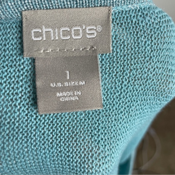 Chico’s Blue Metallic Silver Short Sleeve Knit Blouse - Picture 4 of 5
